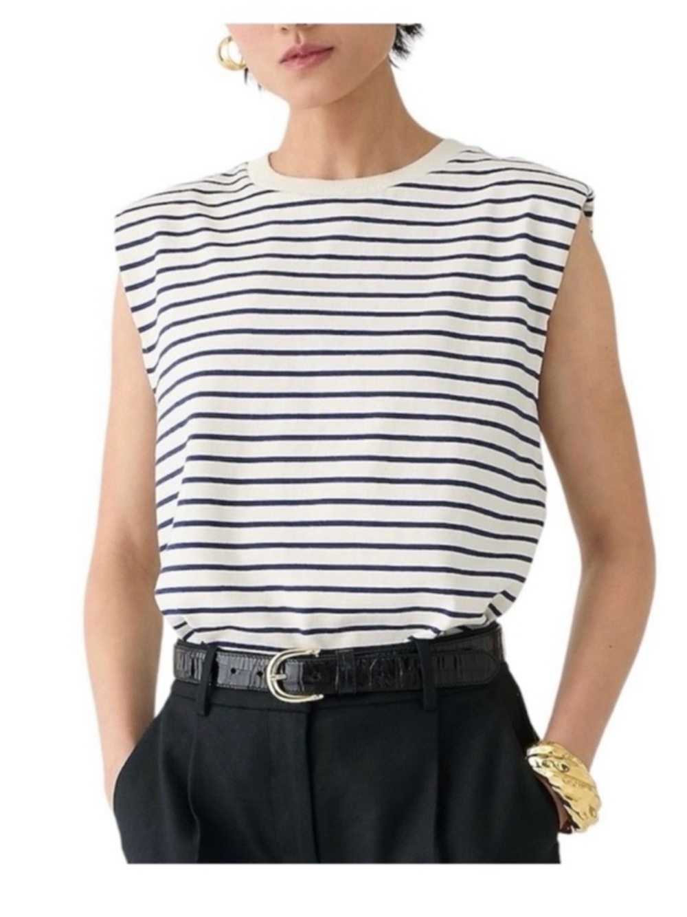 J.CREW Padded Shoulder Striped Muscle Tee Ivory Navy 100% Cotton